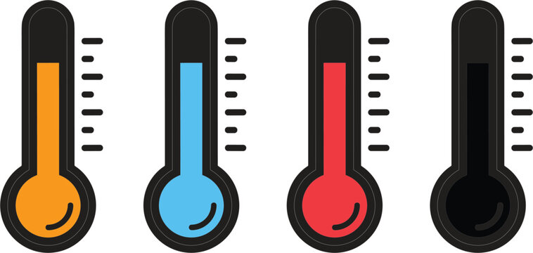Set of four thermometers with different temperature levels and colors