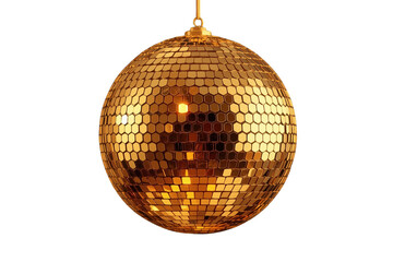 Fototapeta premium Golden disco ball reflecting light, hanging with a transparent background. Celebrating party, dance, 1970s nightlife