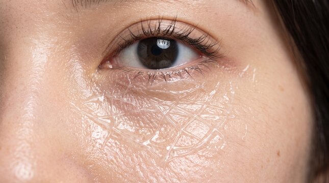 Wrinkled skin texture under eye of Asian woman, fine lines and crow's feet on mature female face, aging skin concerns for dermatology and beauty