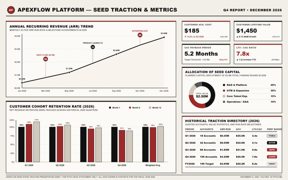 Business Dashboard Showing Seed Stage Traction Metrics and Financial Growth