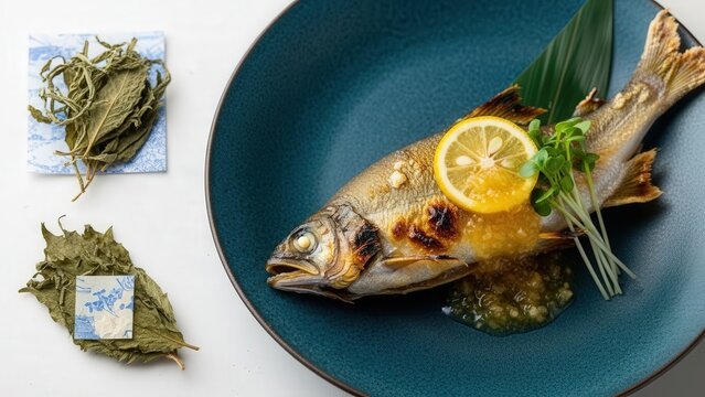 Close up of traditional Japanese Yakizakana grilled sweetfish with yuzu and washi paper, featuring a dark ocean blue background with minimalist copy space.