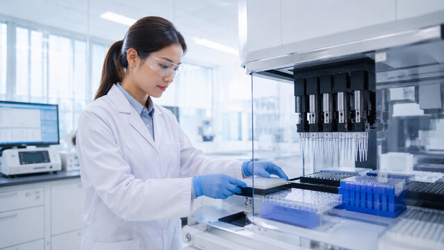 Scientist operating automated robotic workstation in modern biotechnology laboratory