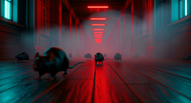 Black rats crawling through a dark, foggy hallway with dramatic red neon lighting. Rodents scurrying across a wooden floor in a misty corridor. Horror and pest infestation concept for thrillers.