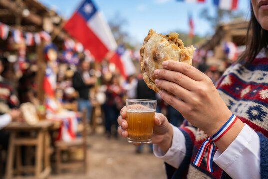 Hand holding a Chilean empanada and a drink during Fiestas Patrias celebration with flags in the background. Independence Day.