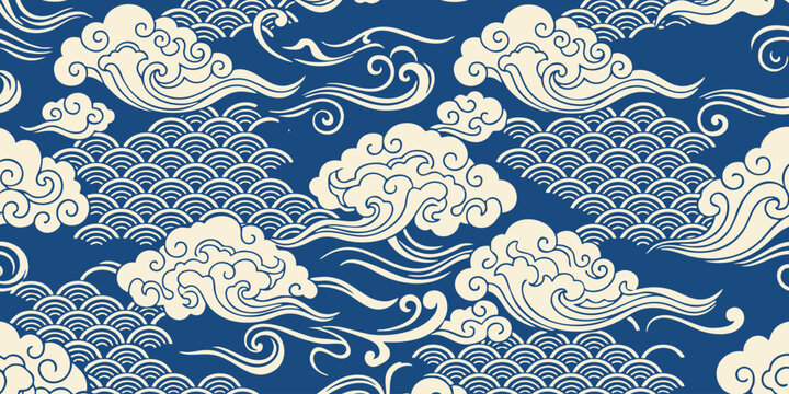 Traditional Japanese oriental seamless wave and cloud vector pattern background, elegant vintage asian textile wallpaper design