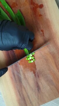 Chef wearing black gloves finely chopping fresh culantro herbs on a wooden cutting board with a sharp knife in the kitchen