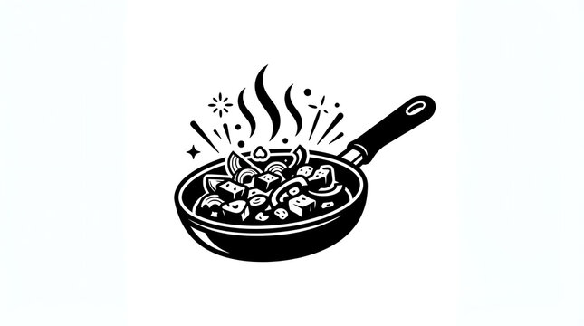 Minimalist black and white icon depicting steaming hot food inside a cooking frying pan