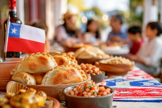 Traditional Chilean feast with empanadas and pebre sauce for Fiestas Patrias celebration. Culture and food concept.