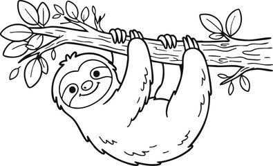 Fototapeta premium Black and white of a smiling sloth hanging from a tree branch smile