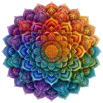 Colorful bohemian mandala with layered floral petals, geometric symmetry, vibrant rainbow gradient palette, delicate ornamental details.