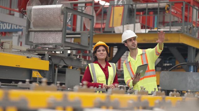Industrial engineering teams collaborate during machinery inspections, discussing maintenance priorities, evaluating production performance, resolving operational issues, increasing manufacturing .