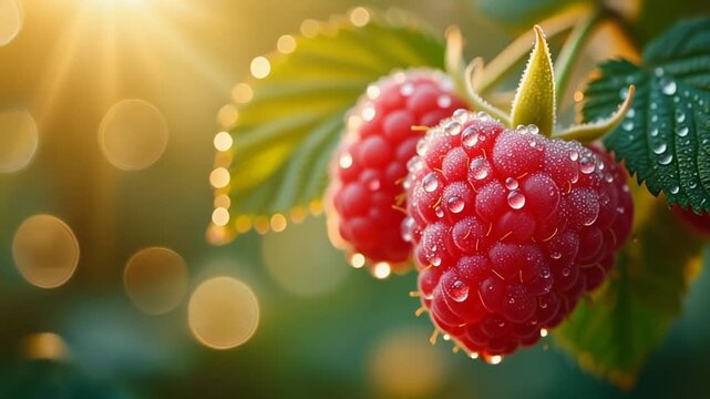 Fresh Raspberries Swaying Gently in Summer Breeze
