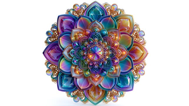 7D colorful mandala featuring layered lotus petals, rainbow crystal gradients, iridescent glass textures, intricate sacred geometry.