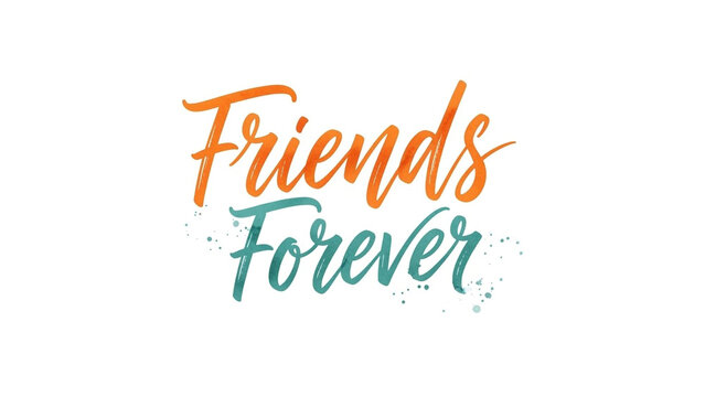 Beautiful watercolor calligraphy text reading Friends Forever in orange and teal green color scheme with paint splatters, creative artistic typography design card element white background.