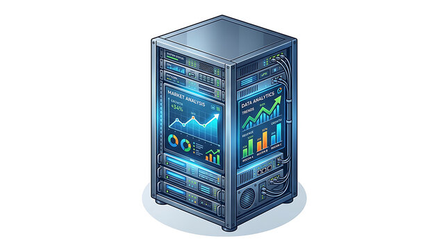 Isometric server rack displays market analysis and data analytics with graphs