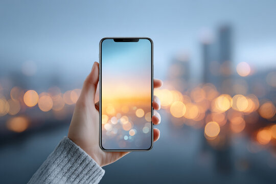 Close up of a woman hand holding a modern smartphone with a blank screen showing colorful yellow and orange bokeh lights, abstract night city life blurred background technology concept banner.