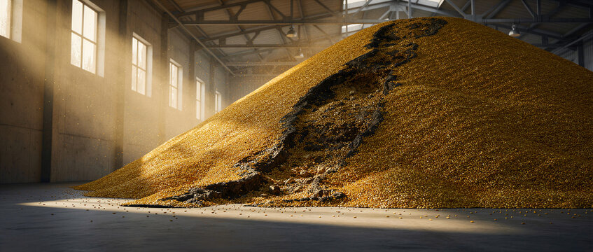 Large pile of harvested grain inside a sunlit industrial warehouse. Golden seeds stacked in a silo with cinematic light rays through windows. Agriculture supply chain concept for farming marketing.