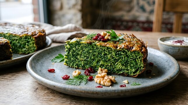 ​A close-up slice of green herb frittata or kuku sabzi garnished with walnuts and cranberries on a rustic wooden table