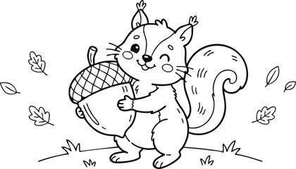Fototapeta premium Cartoon baby squirrel character holding oversized acorn in autumn scene cartoon squirrel