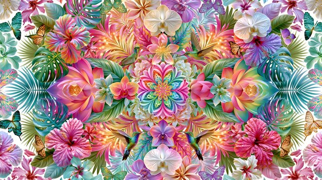 7D botanical mandala composed of tropical flowers, orchids, hibiscus, lotus blossoms, monstera leaves, palm fronds, butterflies.