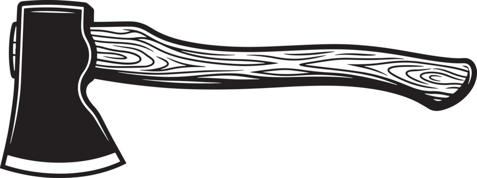 Black and white of a felling axe with a detailed wooden handle grain pattern, isolated on a white background