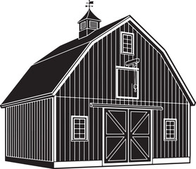 Black and white of a traditional gambrel roof barn with a cupola, weather vane, sliding hay loft door, and double entrance doors on a white background © PixelSaga MH2 