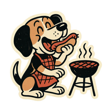 PNG Retro dog grilling sausage delight.