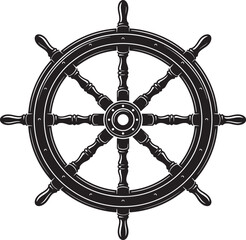 Black and white of a vintage wooden ship steering wheel with eight spokes and a central hub, isolated on a white background © PixelSaga MH2 