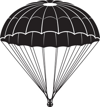 Black and white of an open round parachute with suspension lines and a central vent, isolated on a white background