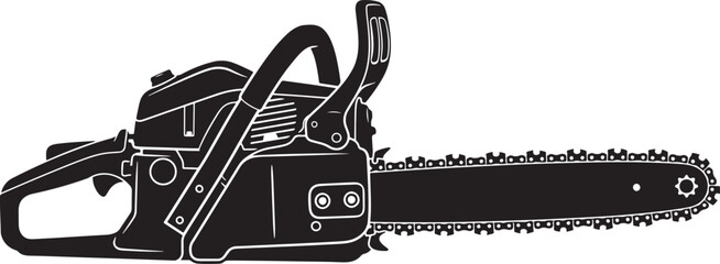 Black and white silhouette of a gasoline-powered chainsaw, side profile view of a handheld wood cutting tool with a sharp metal chain and bar © PixelSaga MH2 