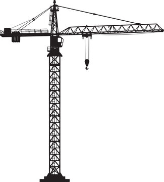 Black silhouette of a tower crane, construction lifting machinery with lattice mast and horizontal jib arm isolated on white background