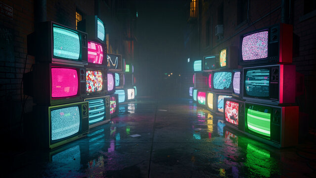 Vintage CRT televisions displaying static in a dark alley. Glowing screens illuminate wet pavement with neon reflections. Retro-futuristic cyberpunk concept for media and technology themes.
