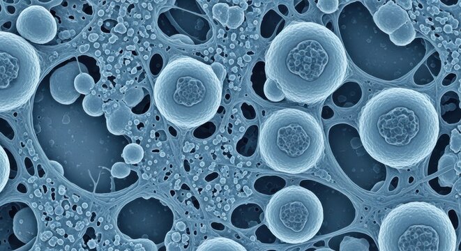 Close up electron microscopy view of biological cell structures and networks