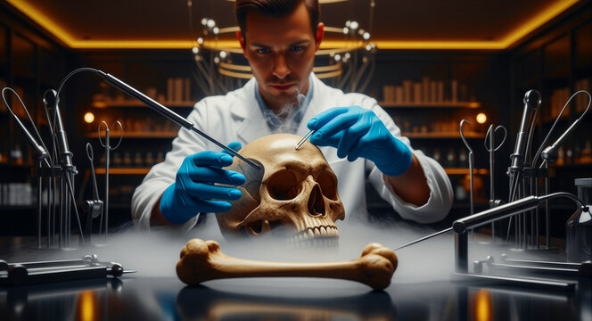 Scientist in white lab coat examining a human skull with precision tools. Forensic researcher performing skeletal analysis in a dark laboratory. Anthropology and forensic science research concept.