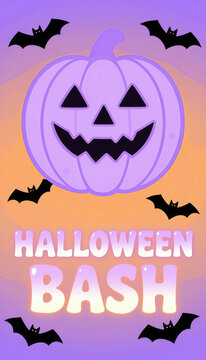 Cute Halloween bash party poster with purple pumpkin and bats