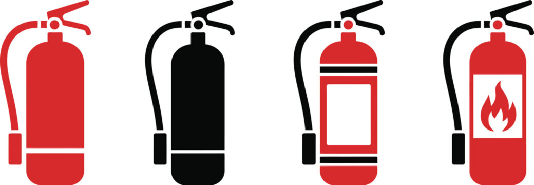 Fire extinguisher icon featuring workplace safety, fire protection, emergency signage, and firefighter equipment in editable vector styles.