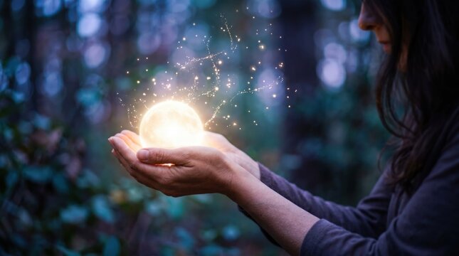 Woman holding glowing magic sphere with sparkles in enchanted forest, fantasy healing energy concept, mystical light orb in hands, spiritual wellness and miracle power symbolism...