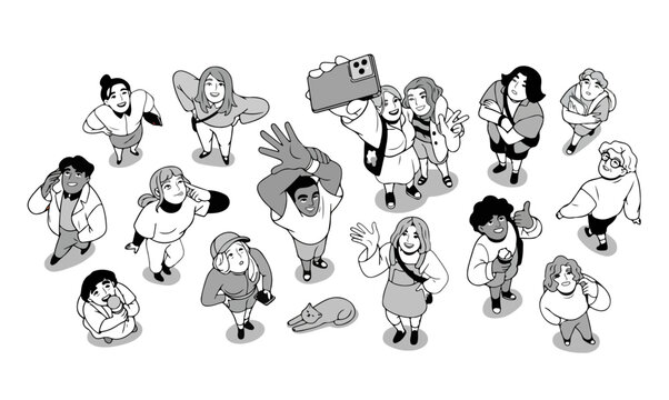 Diverse group of people looking up, high angle view of multicultural characters, black and white vector illustration of crowd taking selfie