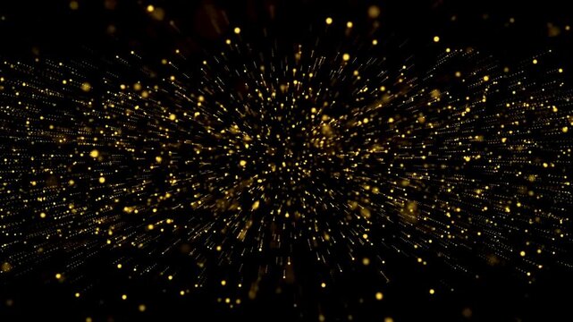 Celebration, luxury, holiday backgrounds in animation and design. Golden particles burst outward in dynamic motion. Festive, shimmering light. 