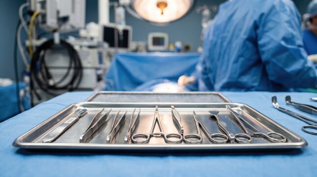 Sterile surgical instruments tray with forceps scissors scalpels ready for operation in blurred operating room background with surgeons in blue gowns under bright overhead surgi...