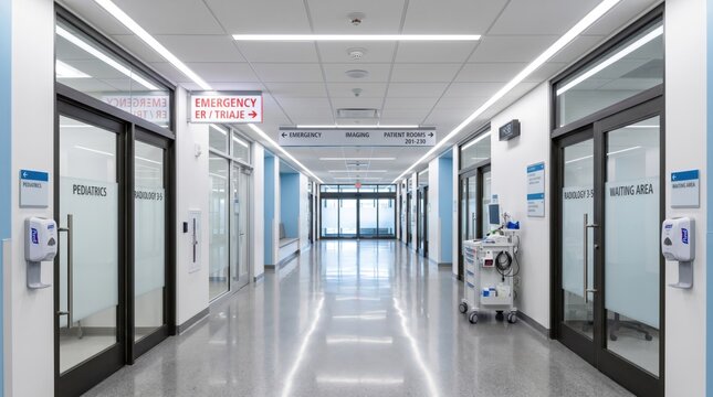 Clean modern hospital corridor with directional signs to emergency ER triage pediatrics imaging patient rooms and waiting area, sterile environment with medical cart and hand sa...