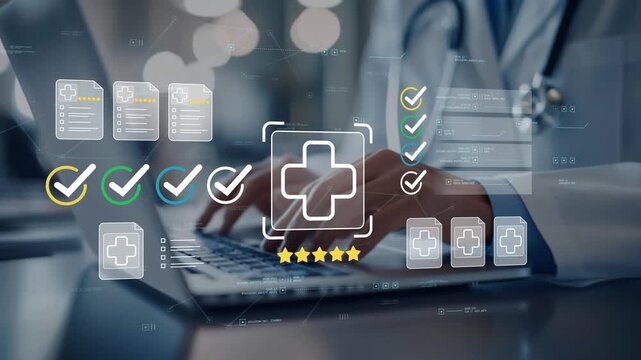 Physician reviewing digital patient records with animated healthcare quality control icon, medical checklist, clinical documentation and healthcare management dashboard on laptop
