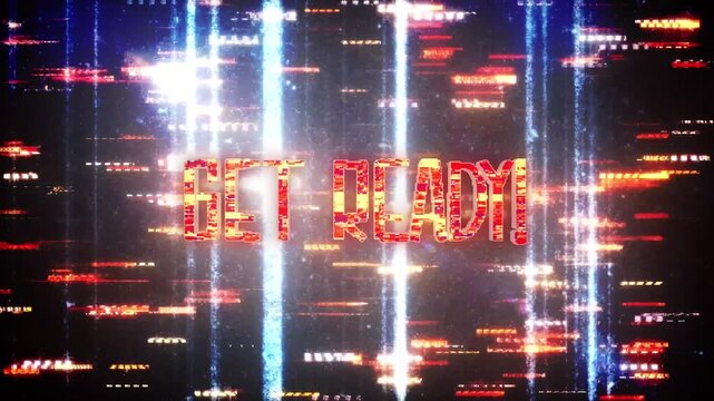 Abstract animation of Get Ready gold glitch text effect animation digital sci fi hitech effect citnematic title for technology background  Ending cover for intro, title banner business presentation ab