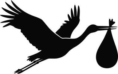 Fototapeta premium Flying stork carrying a baby bundle vector silhouette illustration for birth announcements and baby shower design