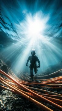 A professional diver examines underwater cables surrounded by dramatic sun rays penetrating the sea. The image captures the intersection of technology, connectivity, and oceanic adventure
