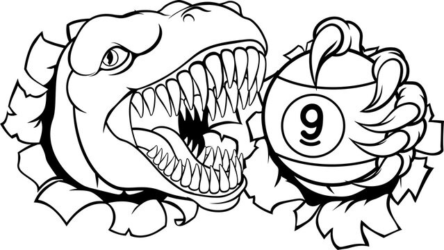 Dinosaur nine ball pool billiards sports mascot holding a 9 ball cartoon illustration