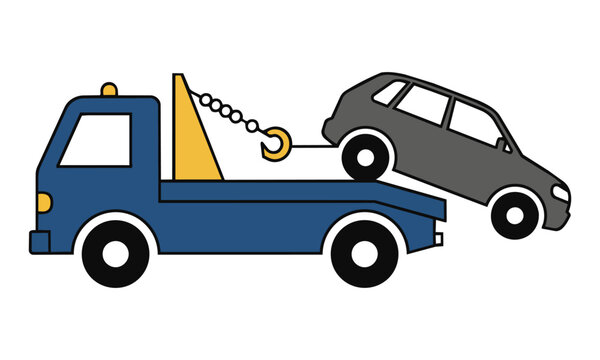 Simple flat icon of a tow truck towing a car isolated on white background. Roadside assistance and vehicle recovery concept