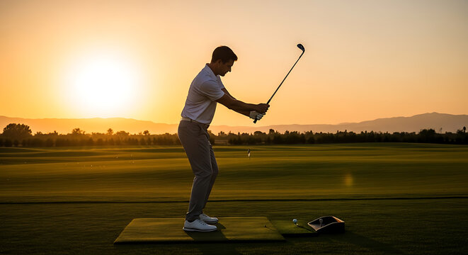 Silhouette of male golfer taking a swing on driving range during golden hour sunset