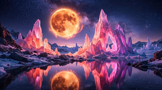 Fantasy ice landscape with giant glowing moon, surreal night scene, crystal mountains reflection in water, magical atmosphere, purple and orange colors, sci-fi environment, alie...