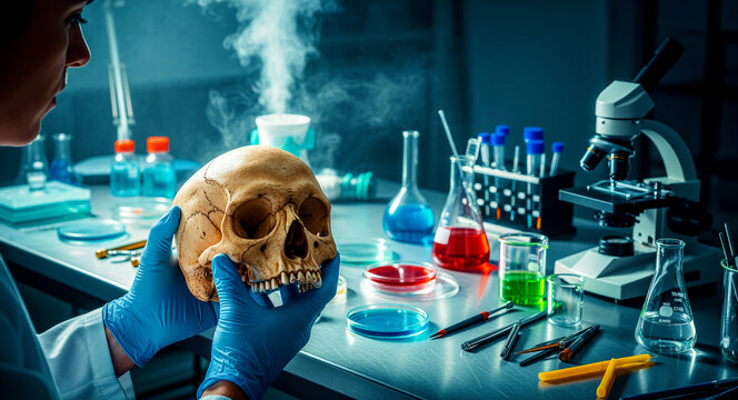 Scientist holding human skull in forensics lab. Forensic pathologist examining skeletal remains with laboratory equipment. Medical research concept for forensic science and pathology marketing.